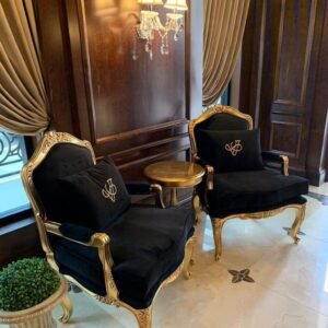 Royal Gold-Leaf Hand-Carved Black Velvet Accent Chair Set