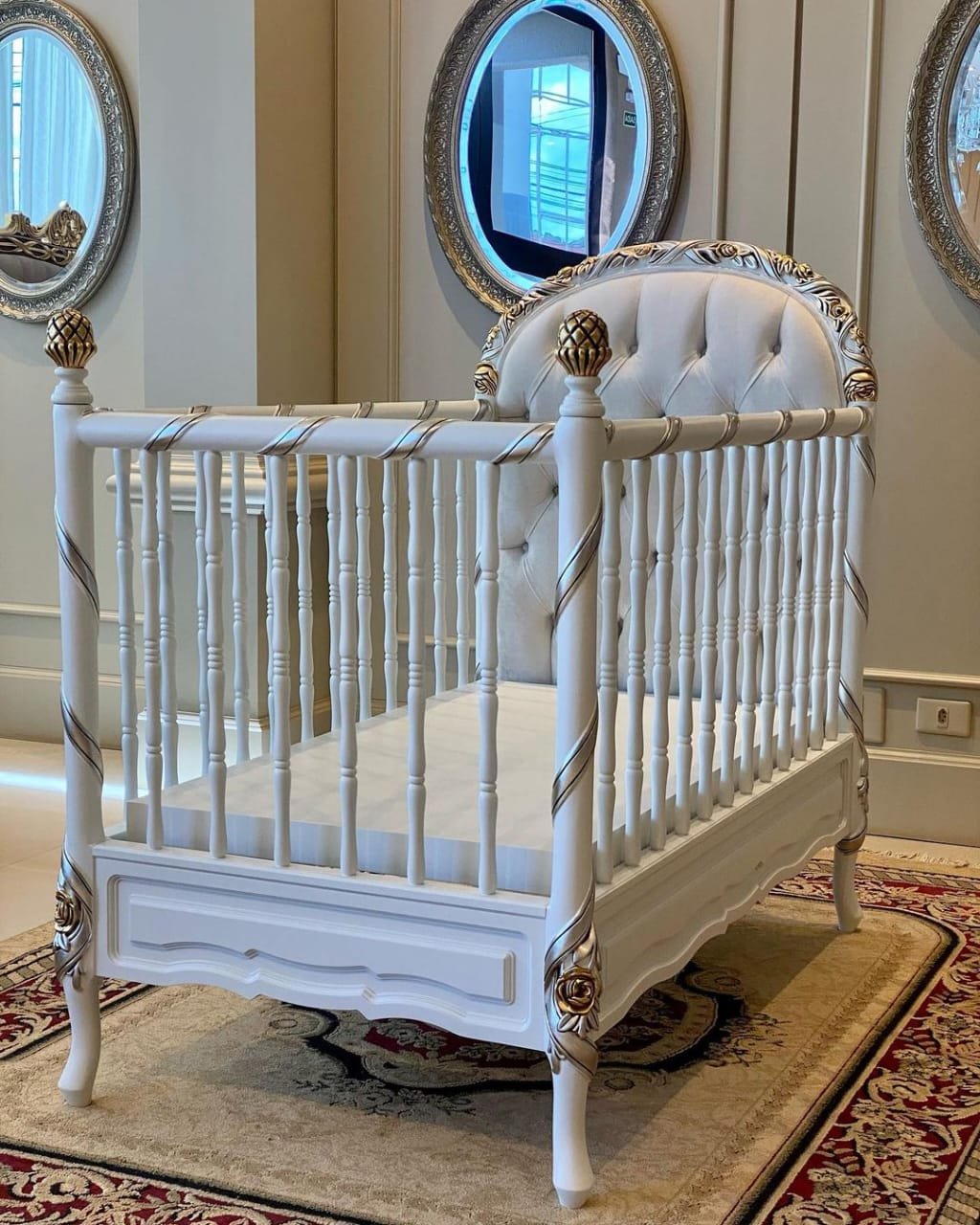 Royal Victorian Hand-Carved White & Gold Luxury Baby Cot