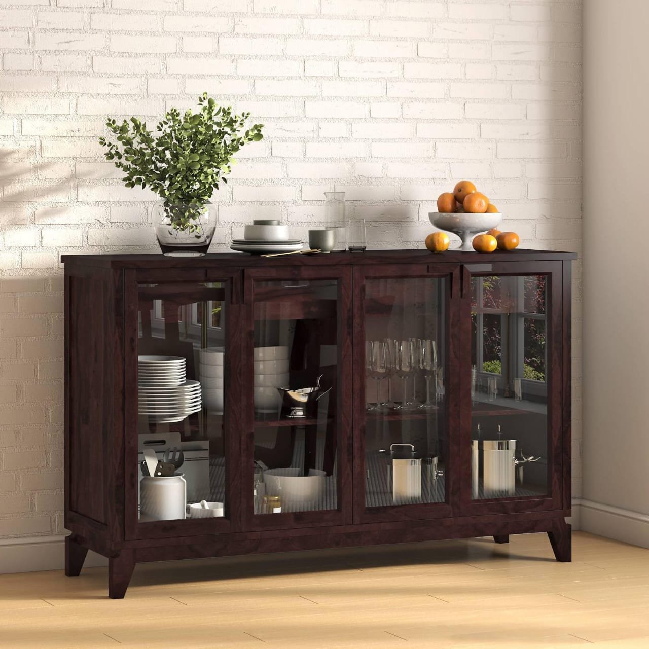 Executive Solid Sheesham 4-Door Glass Console & Sideboard