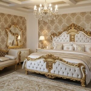 Luxurious gold-and-white bedroom with tufted headboard, ornate carvings, and crystal chandelier.