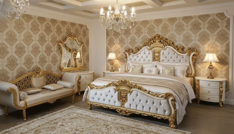 Luxurious gold-and-white bedroom with tufted headboard, ornate carvings, and crystal chandelier.