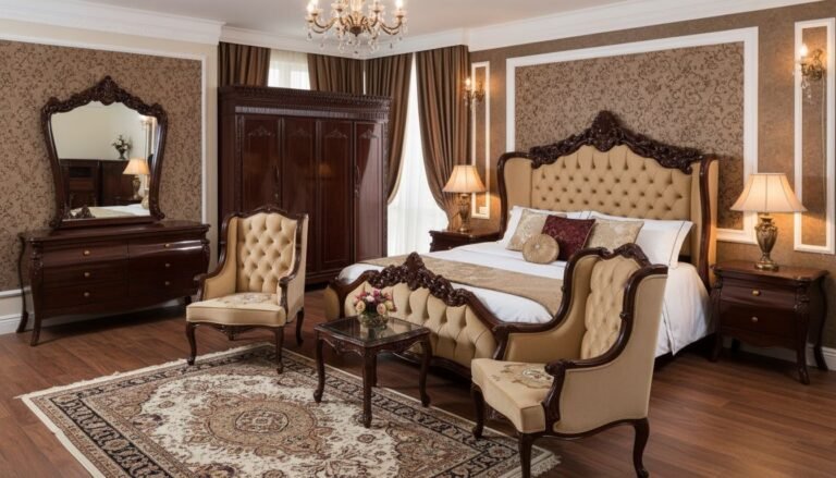 Luxurious master bedroom with dark wood carved furniture, tufted beige headboard, and matching chairs, chandelier, and ornate wallpapered walls.