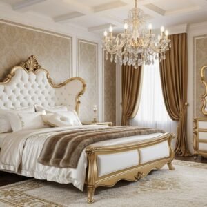 Luxurious white and gold bedroom with a tufted king bed, ornate gold furniture, and crystal chandelier.