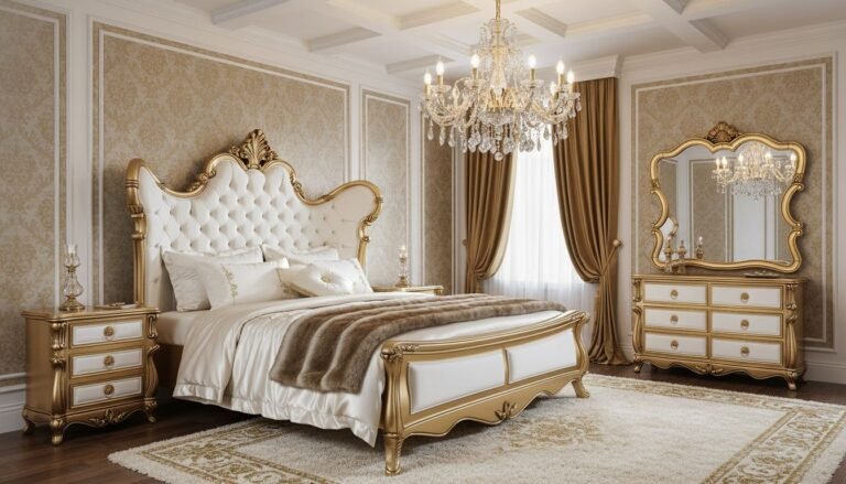 Luxurious white and gold bedroom with a tufted king bed, ornate gold furniture, and crystal chandelier.